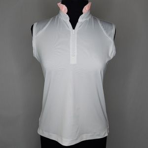 Pogues Polo Top Womens Small White 1/4 Zip Sleeveless Gingham Ruffle High Neck
